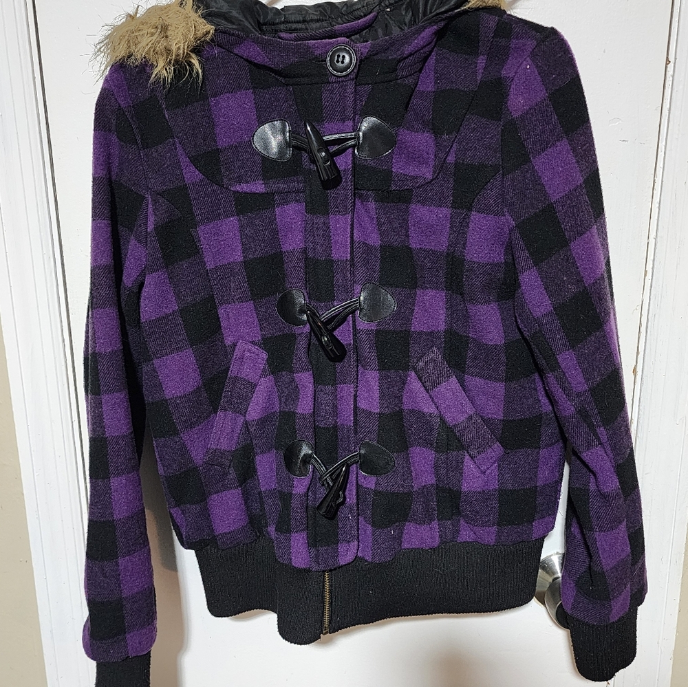 Purple Gingham Jacket With Hood and Faux Fur Trim Size Large